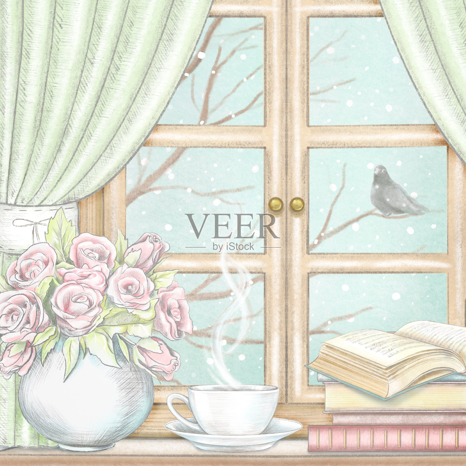水彩和铅笔画构成与咖啡，书籍和花瓶与冬季景观的窗户插画图片素材