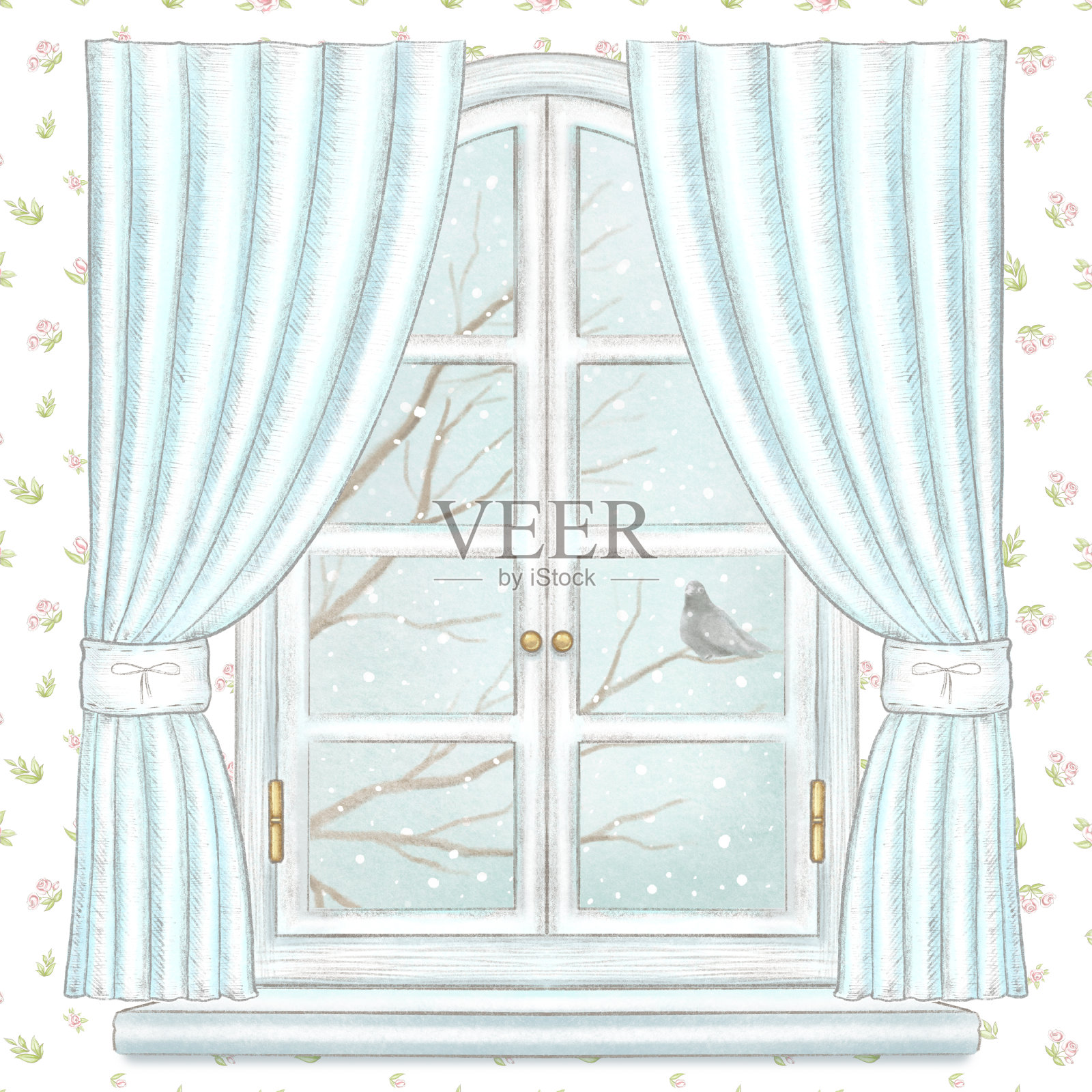 水彩和铅笔窗，蓝色窗帘和冬季风景的花卉墙纸插画图片素材