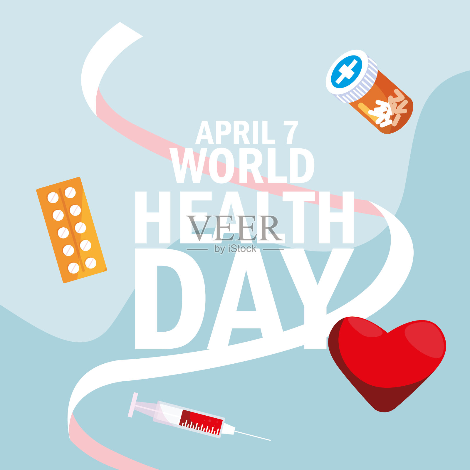 世界卫生日卡片，瓶药和图标插画图片素材