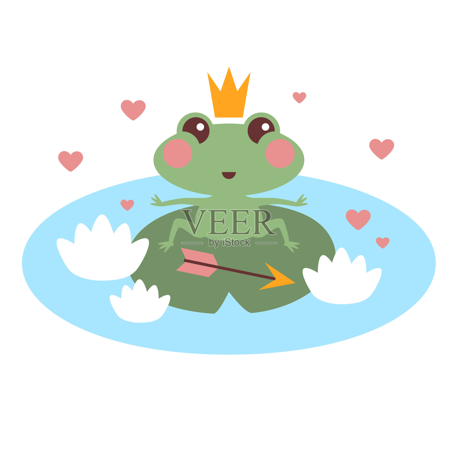 可爱的青蛙公主在爱皇冠和箭头矢量插图的孩子。青蛙公主和箭在湖上设计元素图片