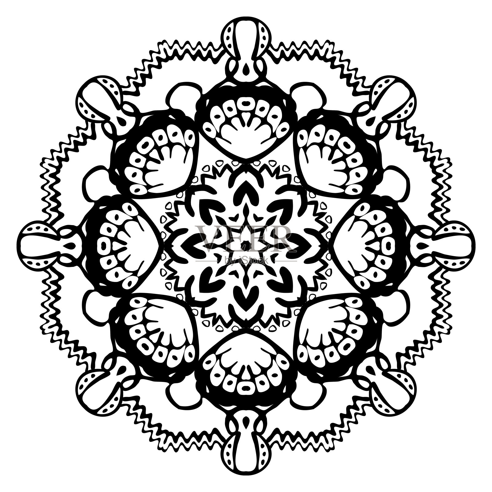 黑色的海曼陀罗与海贝壳在白色的背景。装饰装饰元素插画图片素材
