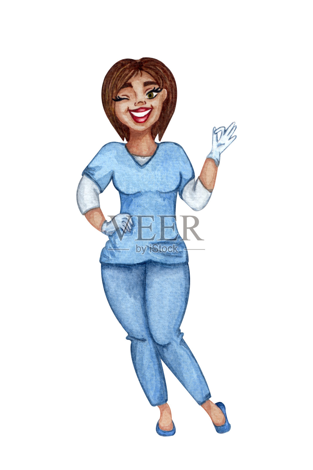 年轻的美国黑人护士或医生在白人背景下的偶像。医务人员水彩画插画图片素材