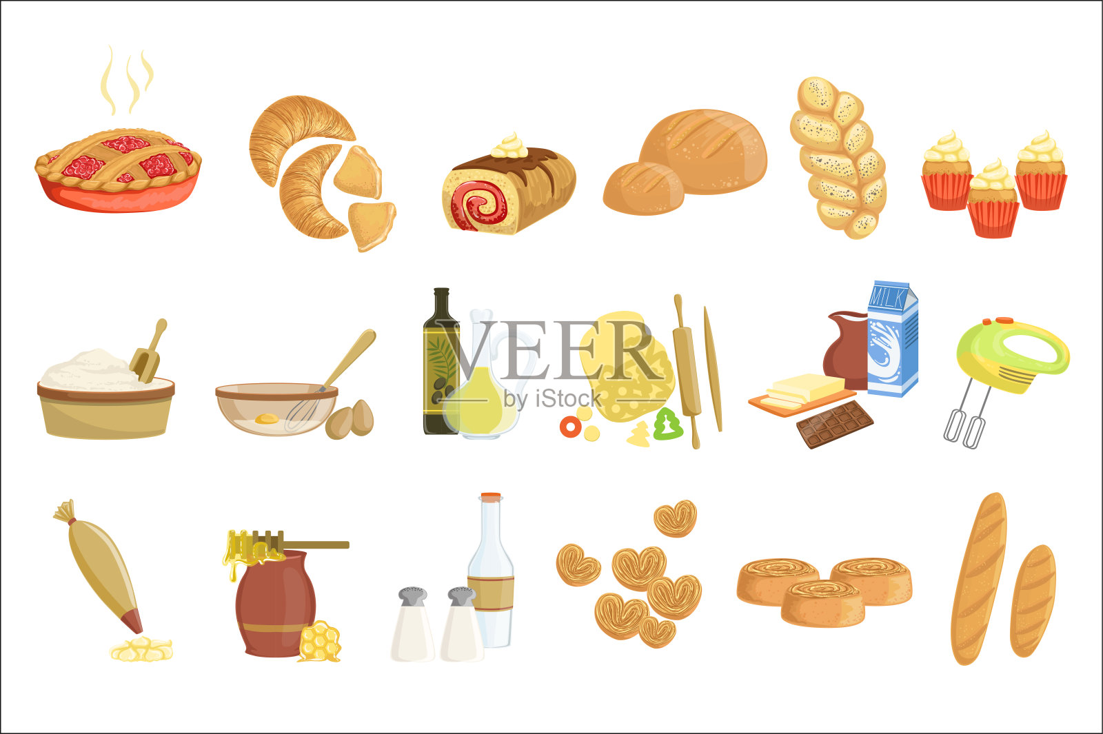 面包店和糕点产品的图标设置各种面包，甜面包，纸杯蛋糕，面团和蛋糕的面包店或食品插画图片素材