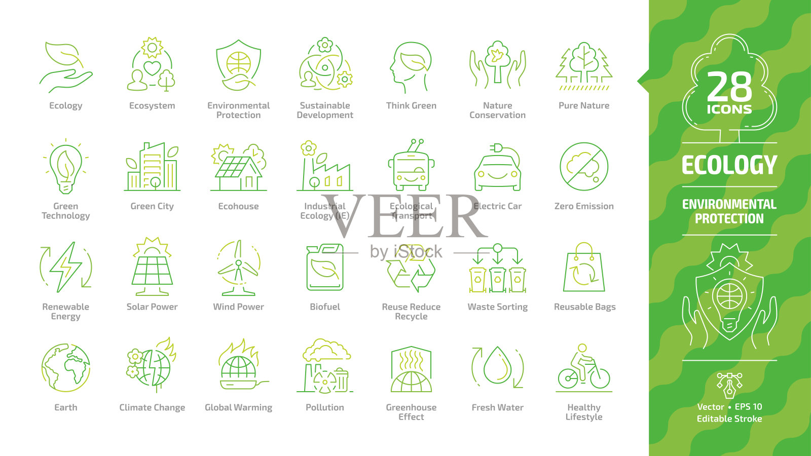 Ecology outline color icon set with eco city, green technology, renewable energy, environmental protection, sustainable development, climate change and global warming editable stroke line symbols.插画图片素材