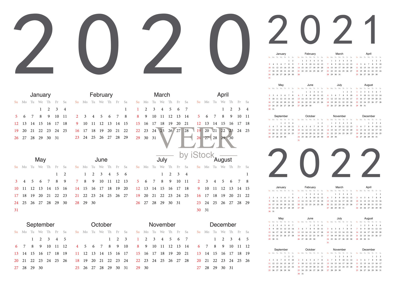 欧洲2020年，2021年，2022年矢量日历。设计模板素材