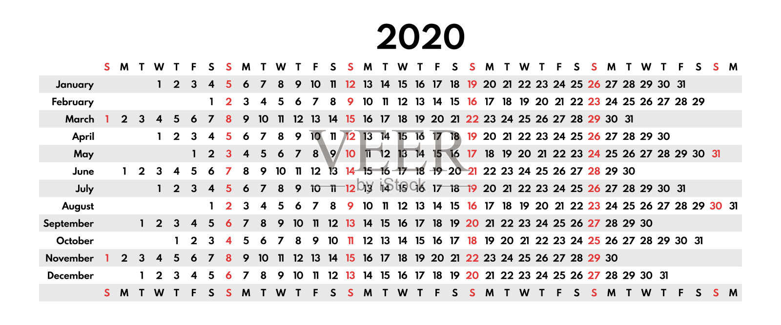 2020年全年日历，每月行，周日第一，矢量模板打印设计模板素材
