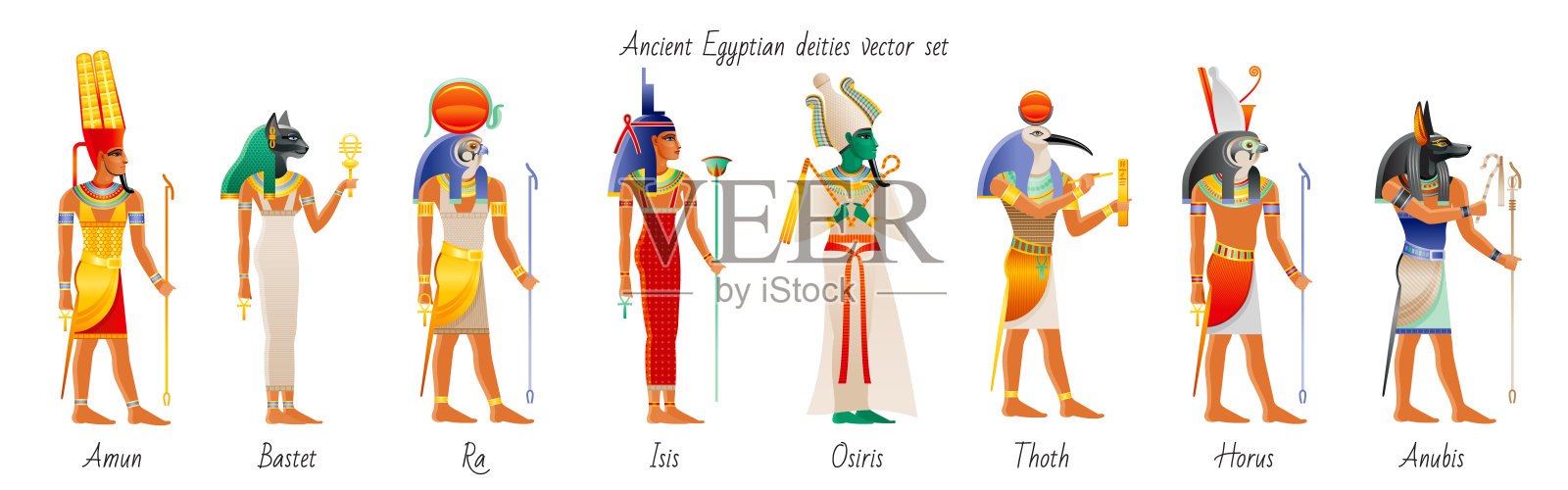 来自埃及的古神女神图标集。阿蒙拉，巴斯蒂特，伊希斯，奥西里斯，透特，荷鲁斯，阿努比斯。埃及的神。带有现实主义卡通元素的旧绘画风格。矢量插图孤立在白色上插画图片素材