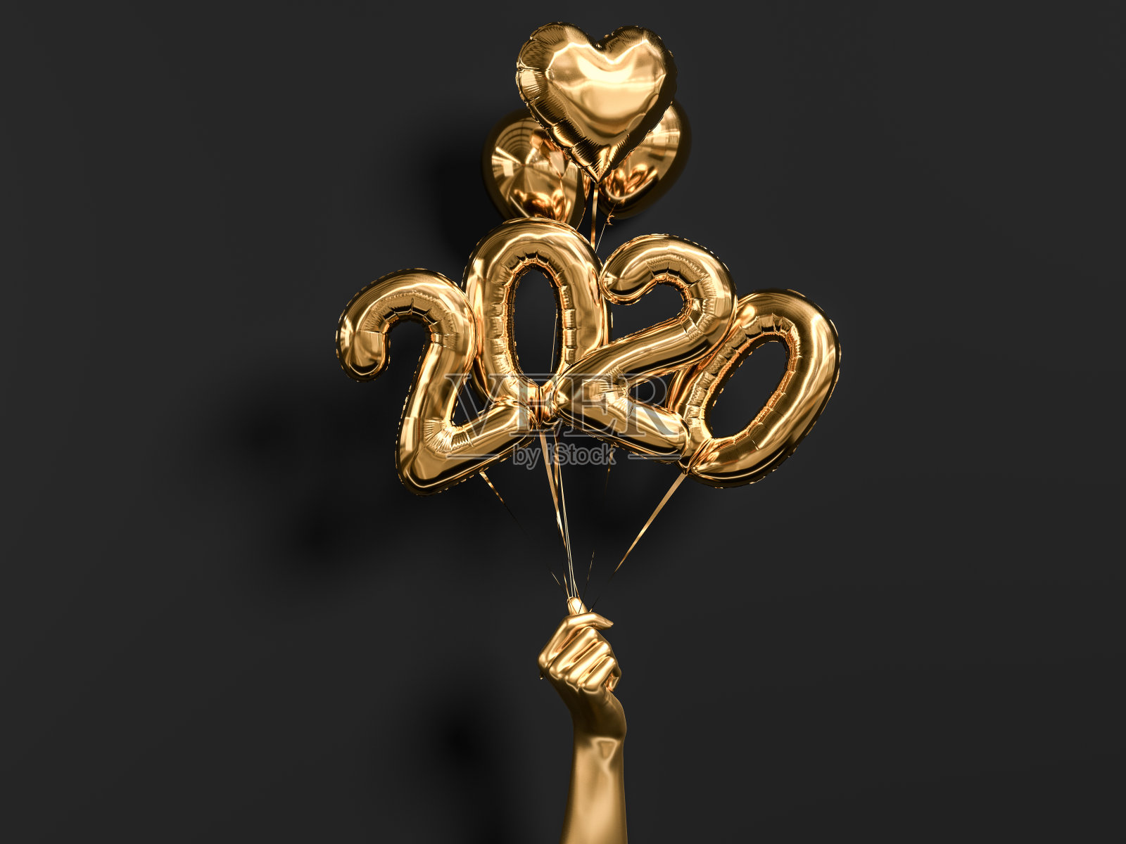 2020年新年庆祝活动。金色的铝箔气球数字2019牵手在黑色的墙壁背景照片摄影图片