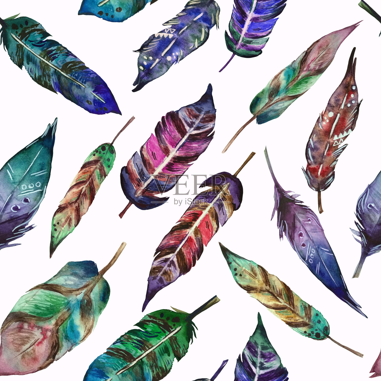 水彩手绘图案与五颜六色的羽毛在波西米亚风格插画图片素材