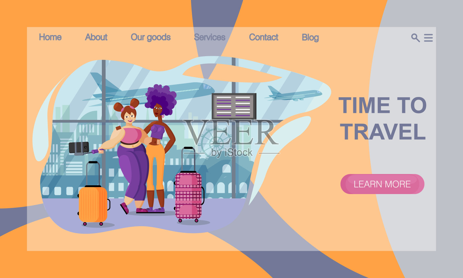 旅游网站登陆页的概念。两名不同国籍、不同体型的女友在机场等飞机时自拍插画图片素材