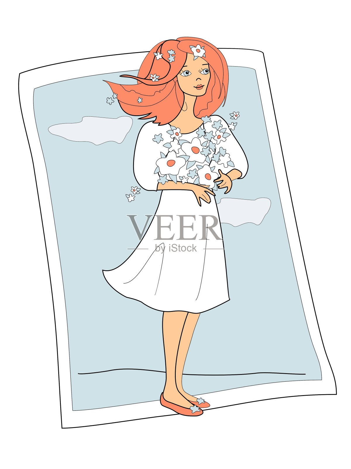 一个女孩穿着一件裙子，手里拿着一束鲜花，背景是蓝色的天空插画图片素材