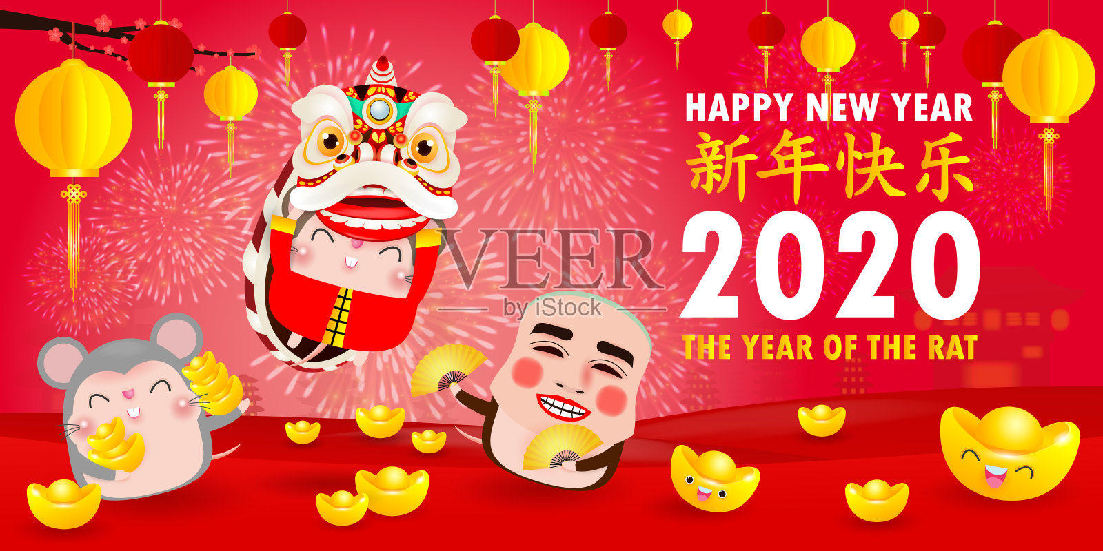 快乐中国新年2020鼠生肖海报设计与老鼠，爆竹和舞狮老鼠与微笑面具。贺卡红底红色，祝福语:新年快乐设计模板素材
