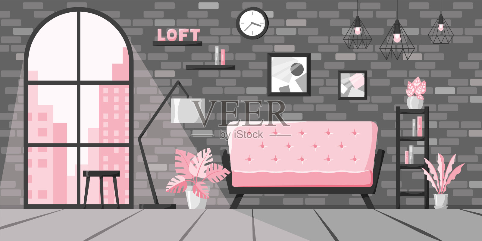 现代客厅在扁平风格，阁楼的室内概念，城市公寓与大窗户和砖墙。家用矢量插图沙发，灯，书架上的书，时钟，植物在粉红色和灰色的颜色插画图片素材