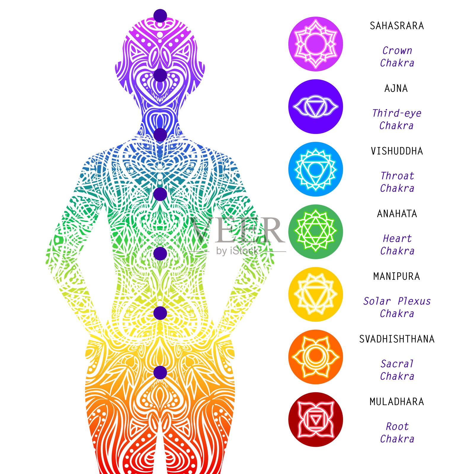 七脉轮穴，能量身。瑜伽冥想。身体中不同脉轮的位置。根，肚脐，太阳丛，心，喉，第三眼，冠。基本的人类脉轮系统插画图片素材