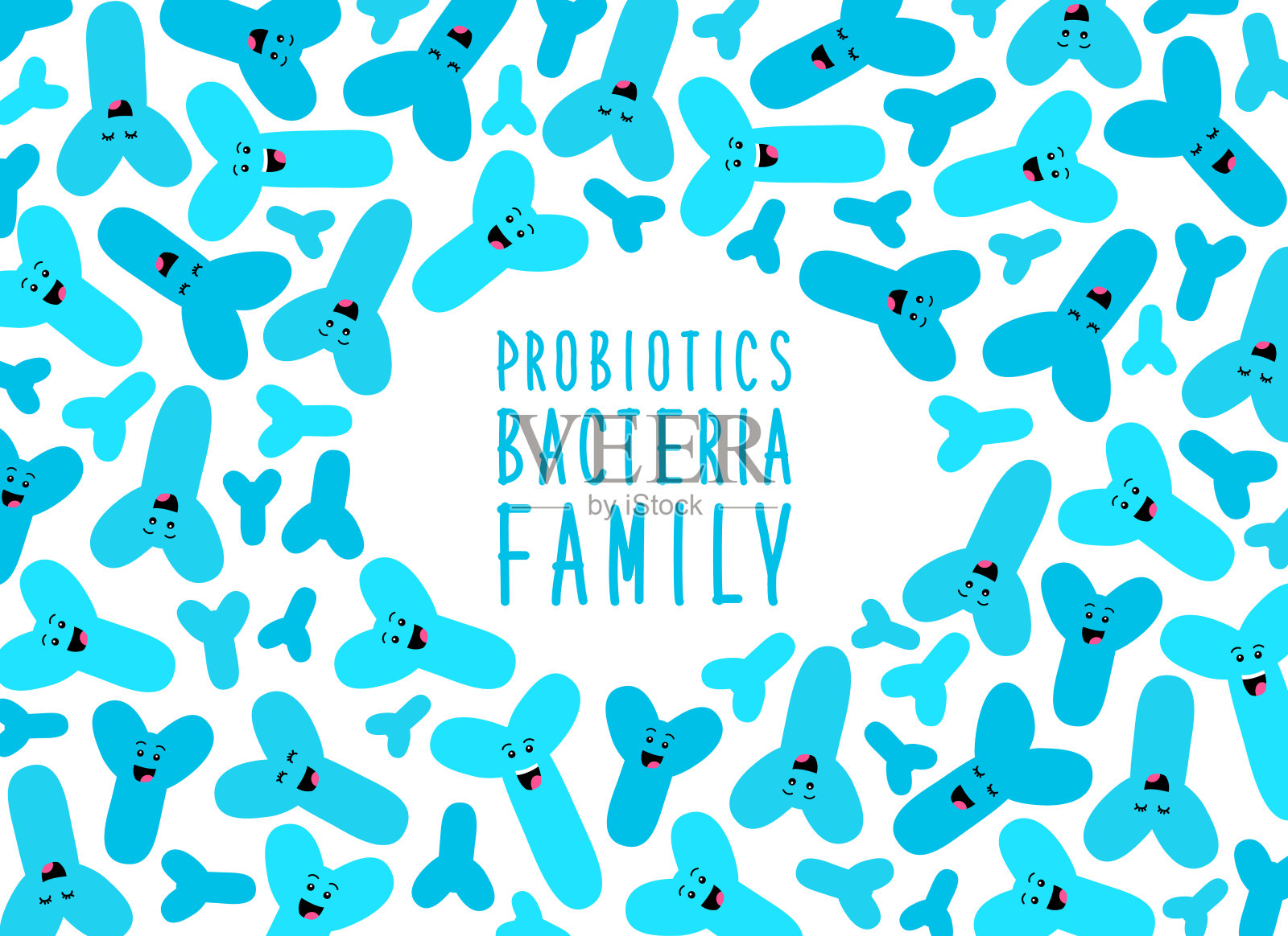 有趣的益生菌家族背景细菌分离白色，肠道和肠道菌群，设置在平坦的风格插画图片素材
