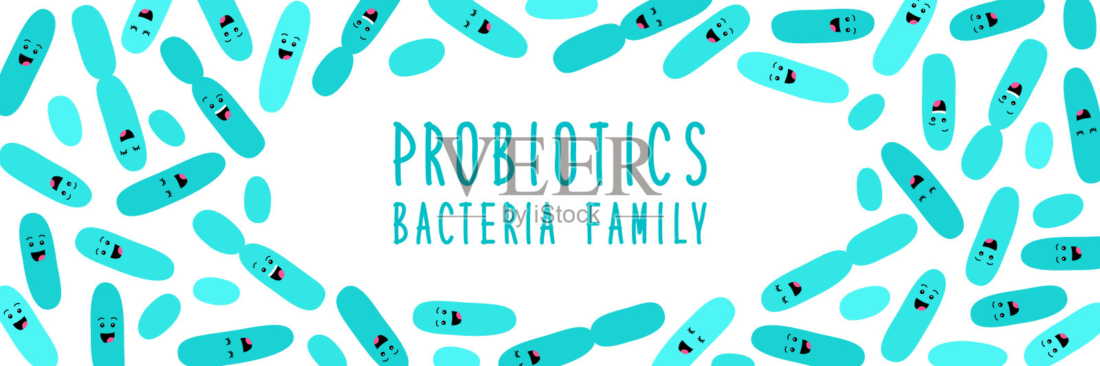 有趣的益生菌家族背景细菌分离白色，肠道和肠道菌群，设置在平坦的风格插画图片素材