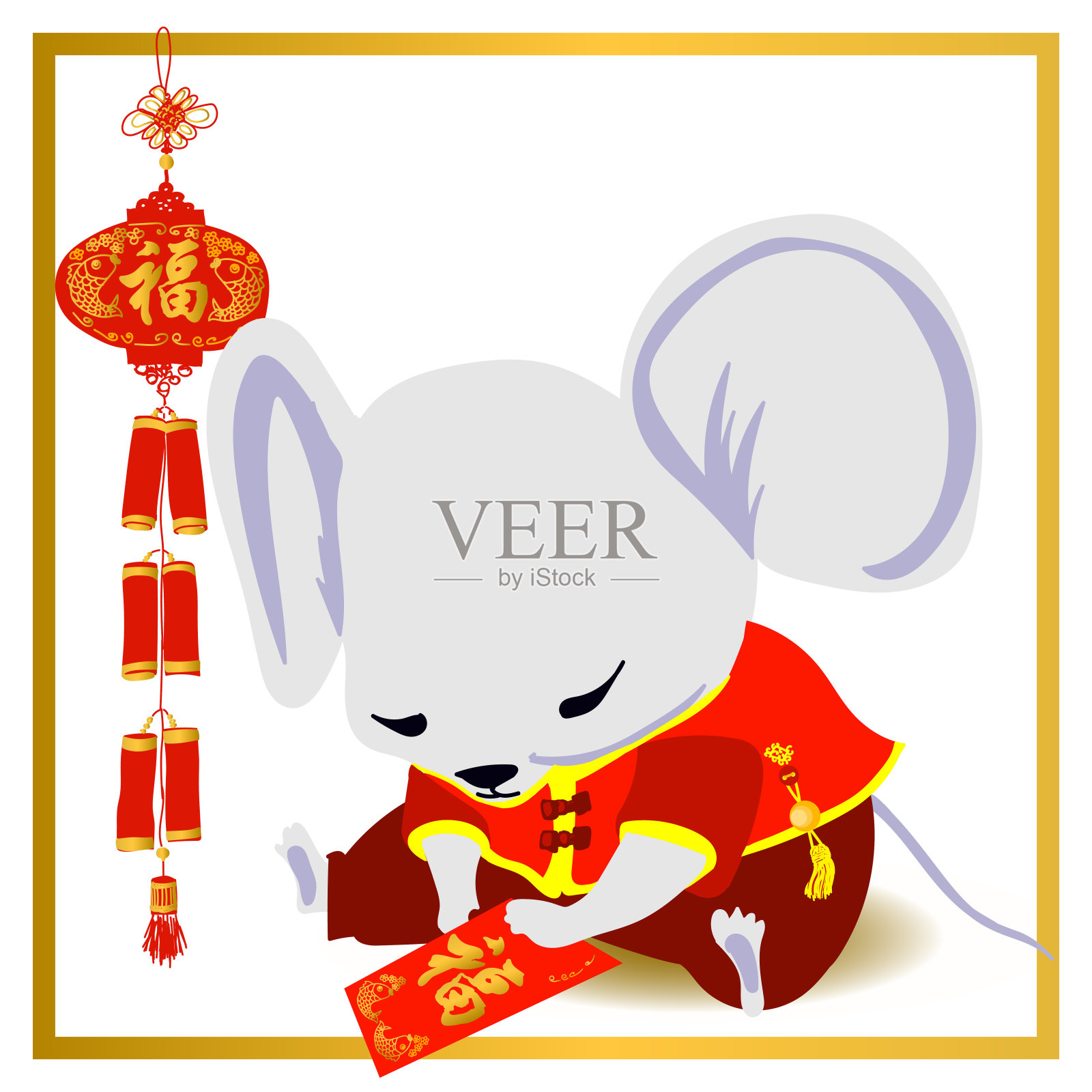 可爱的小老鼠拿着红信封、红包和鞭炮。2020年中国新年。2020年鼠年。翻译:祝福。向量插画图片素材