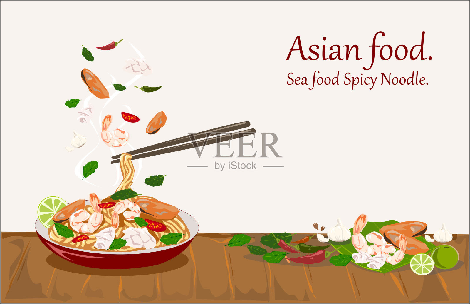 美味的麻辣面条配海鲜盘和一双筷子。插画图片素材