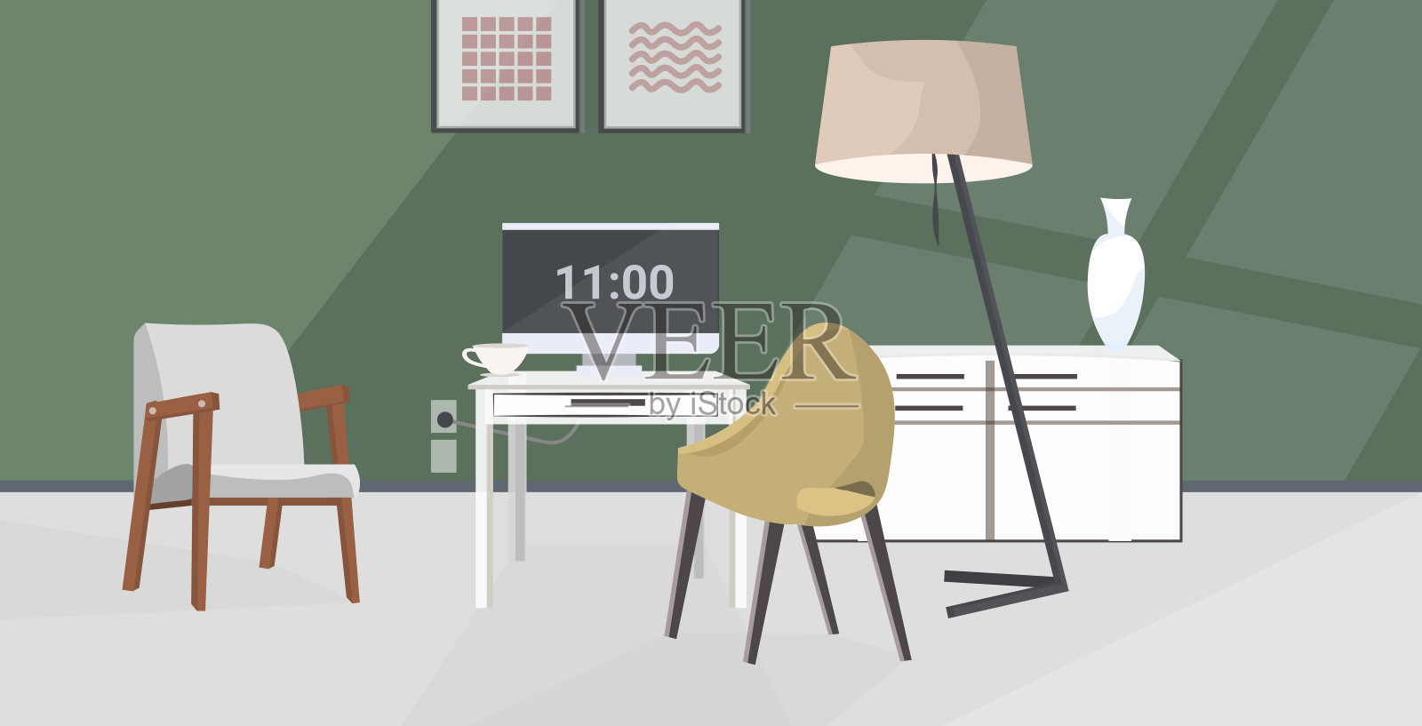 时尚的工作场所与电脑显示器在家里现代客厅室内空无人公寓与家具平水平插画图片素材