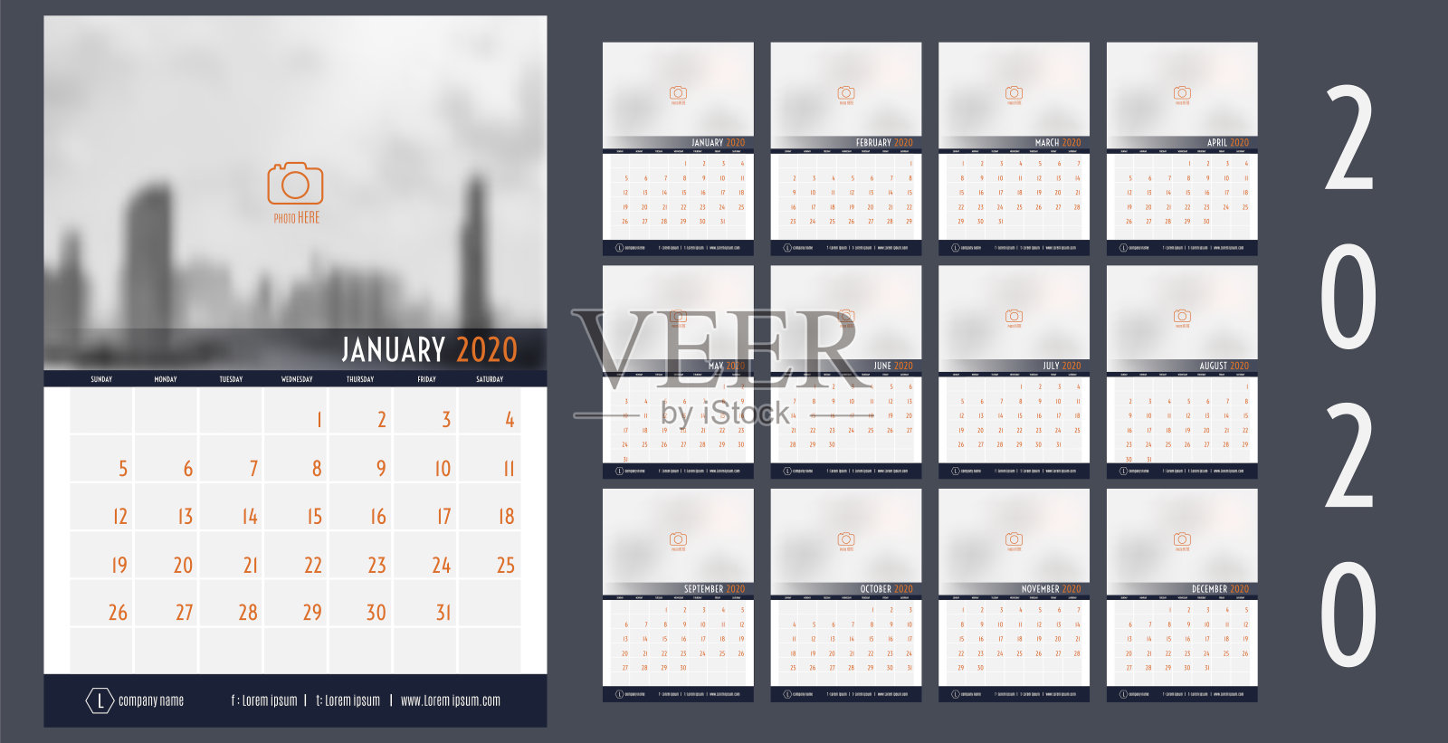 矢量2020年新年日历计划模板表简单风格海军蓝和橙色，假日活动计划，周开始周日。12个月布局年度日历设计模板素材