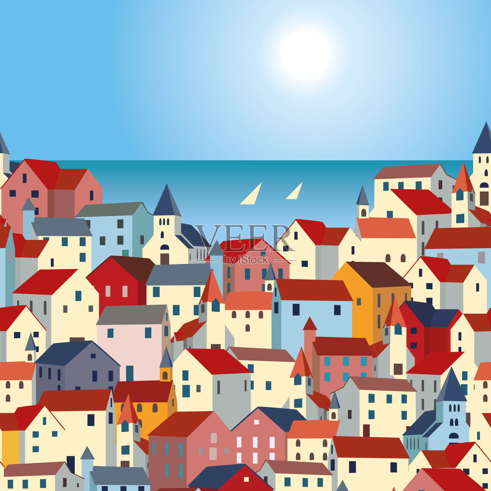 风景有大海，五颜六色的房子和游艇。插画图片素材