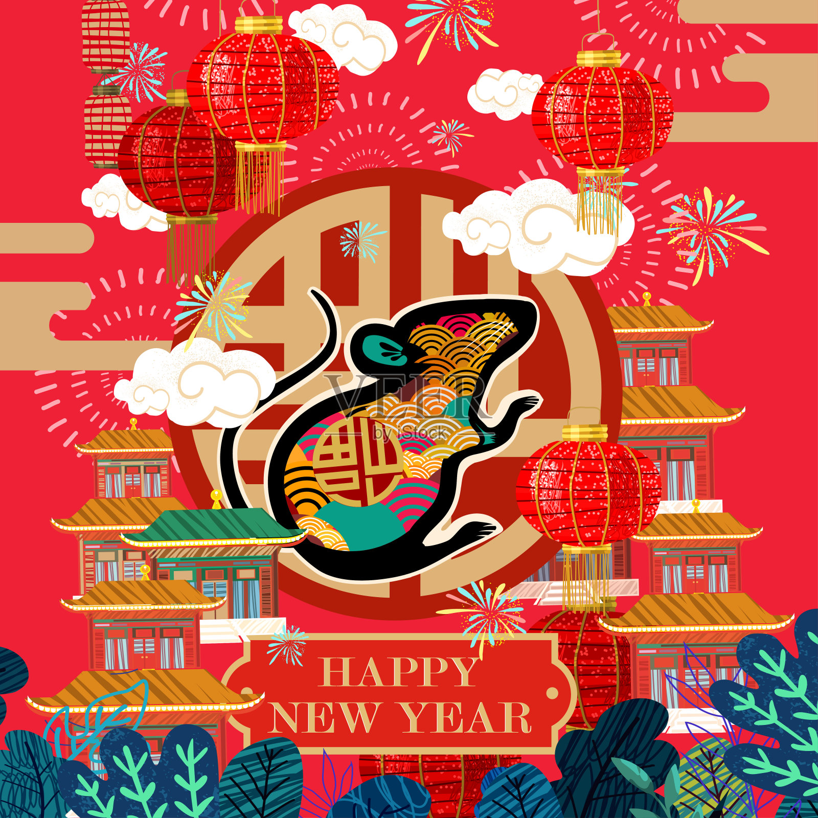 中国鼠年。矢量背景插图的亚洲节日与动物老鼠。画海报、卡片或横幅。插画图片素材