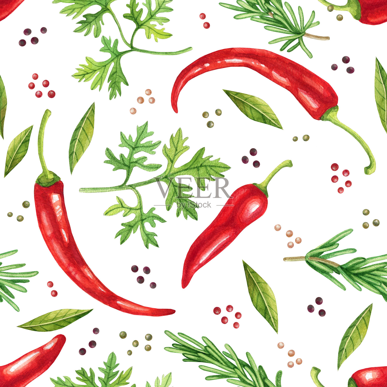 水彩蔬菜无缝模式与辣椒和香草插画图片素材
