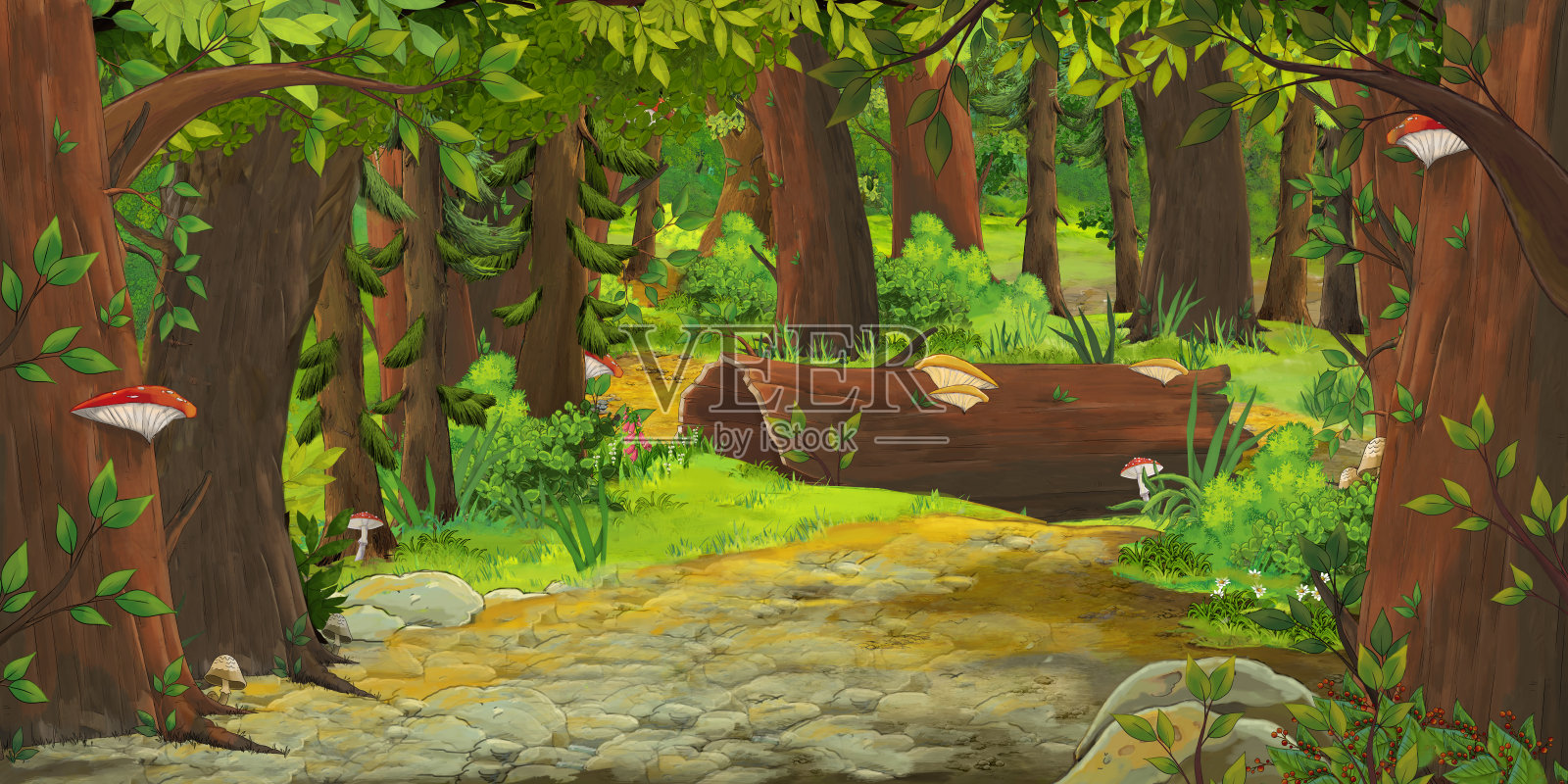 卡通夏季场景与草地在森林插画图片素材
