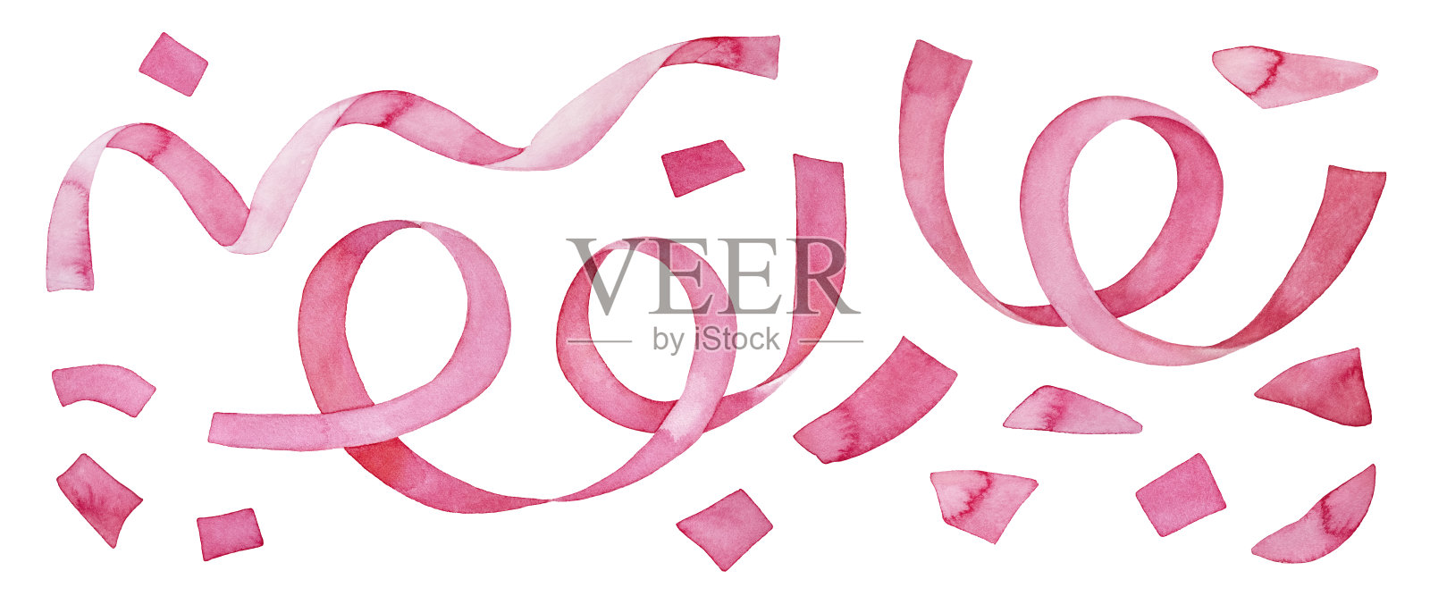 亮粉色蛇形庆祝胶带和五彩纸屑元素包。手绘水彩素描在白色的背景，剪纸剪辑艺术细节设计装饰，横幅，贺卡。插画图片素材