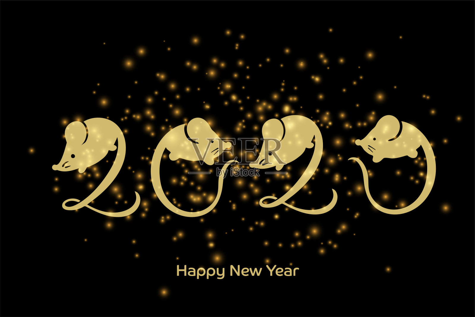 矢量中国新年贺卡与手绘鼠标和字母2020金色闪烁在黑色，圣诞和新年设计插图，象征2020在中国历法插画图片素材