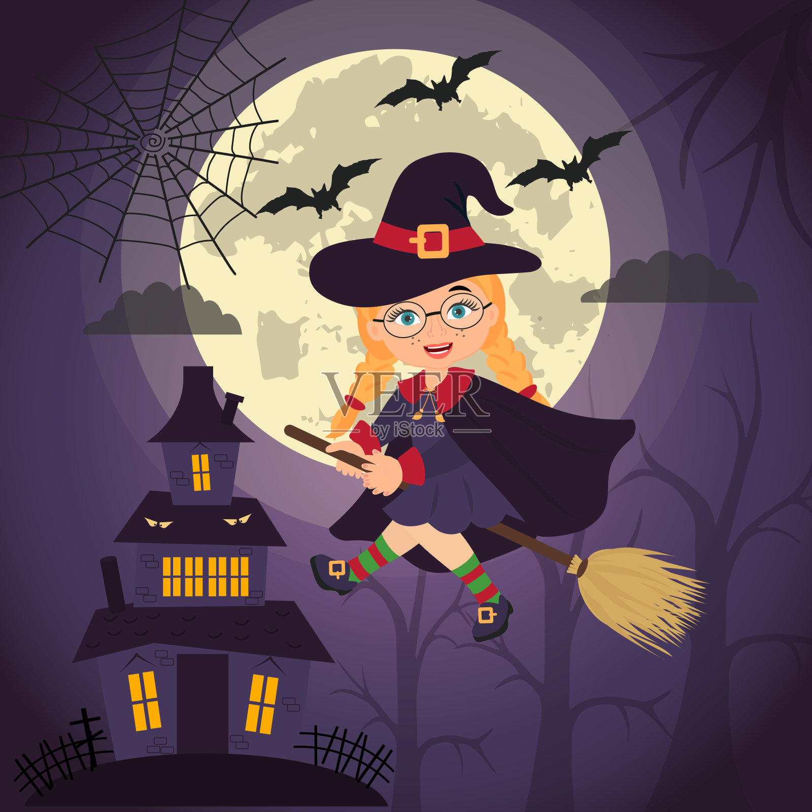 晚会或海报和横幅可爱的小女巫，满月，蝙蝠晚上和城堡。插画图片素材