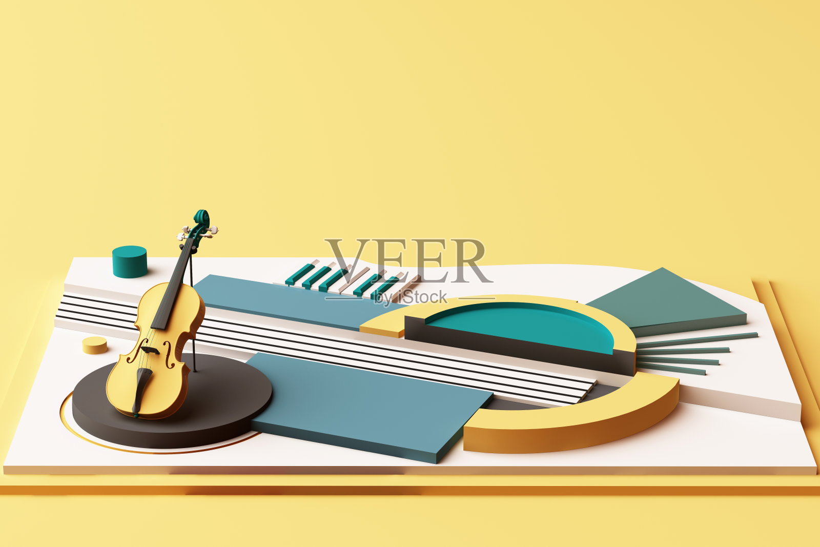 小提琴和乐器的概念，几何形状的抽象构成平台在黄色和绿色的音调。三维渲染照片摄影图片