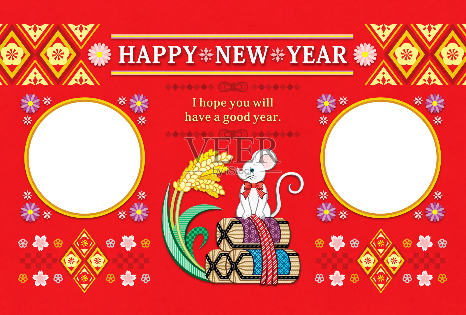 新年贺年卡的鼠标和大米袋和大米穗的插图框架贺卡设计设计模板素材