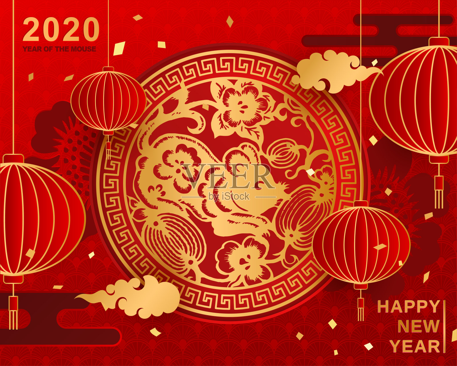 最好的祝愿鼠年到来在中国字。2020年新年快乐。中国新年。中国红圆灯笼和红色背景的花插画图片素材