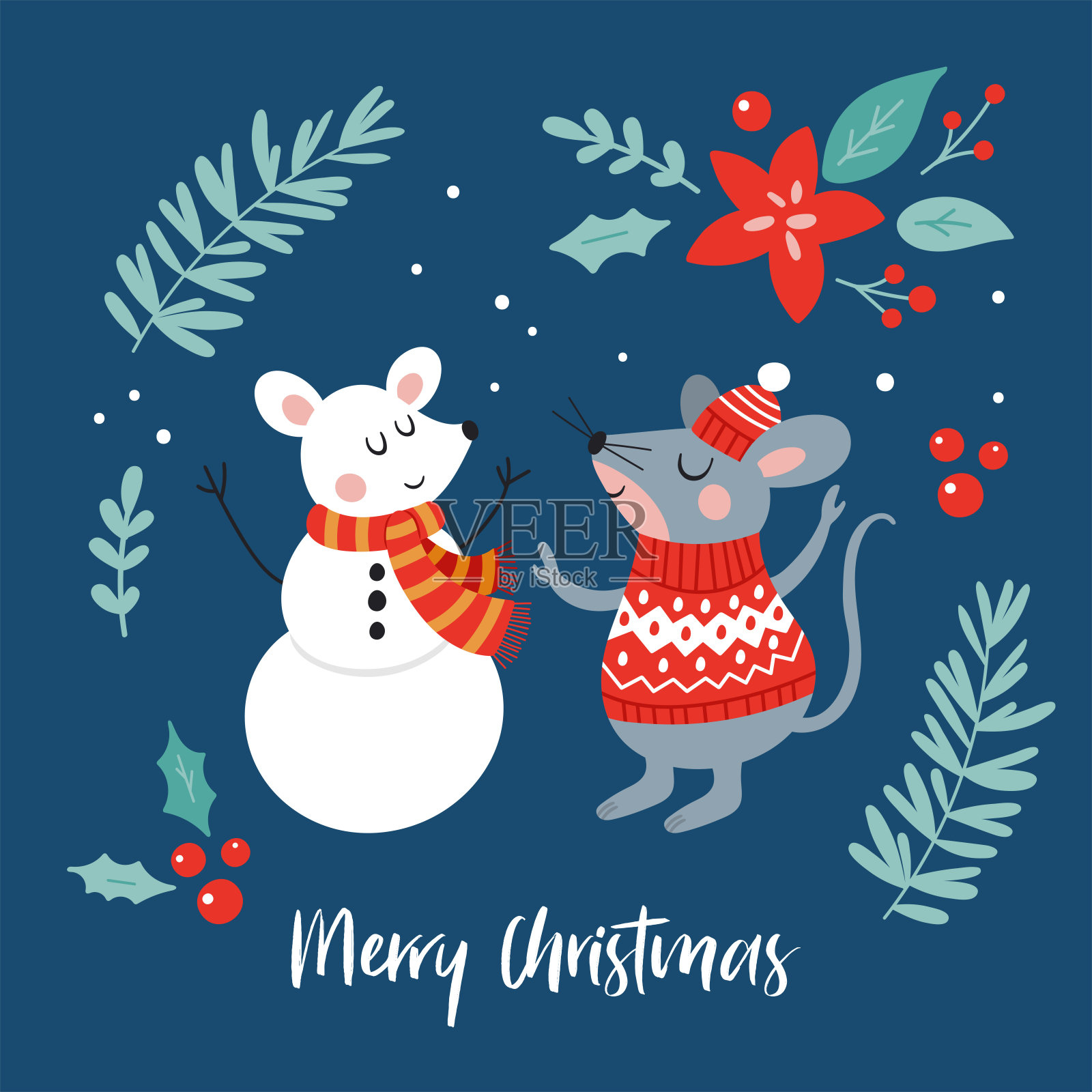 圣诞假期可爱的老鼠角色。插画图片素材