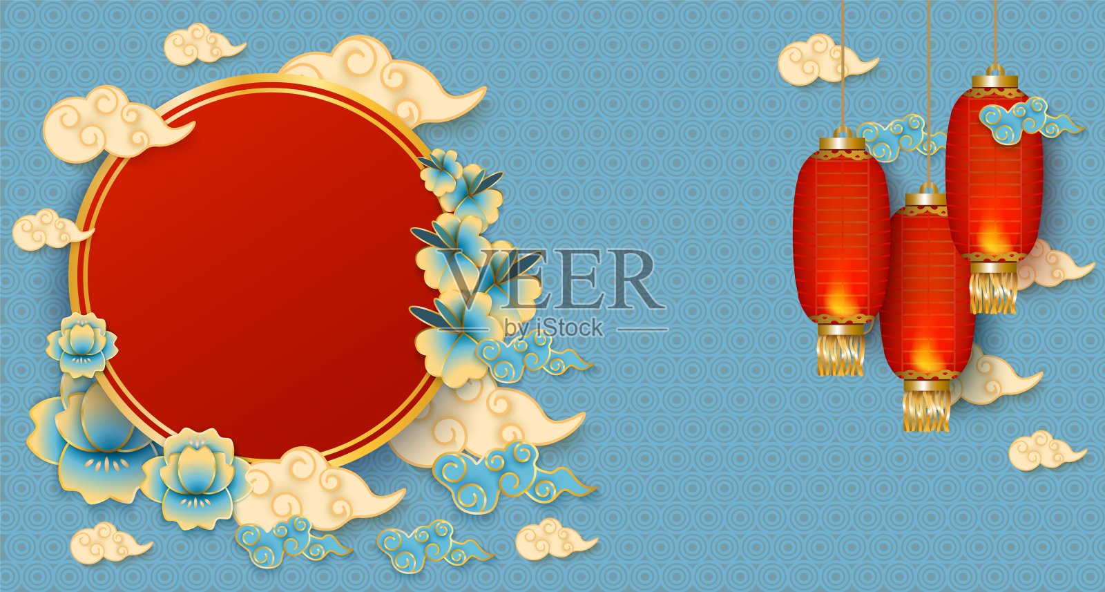 春节的横幅上挂着灯笼和樱花，春联上用汉字写着新年的祝福插画图片素材