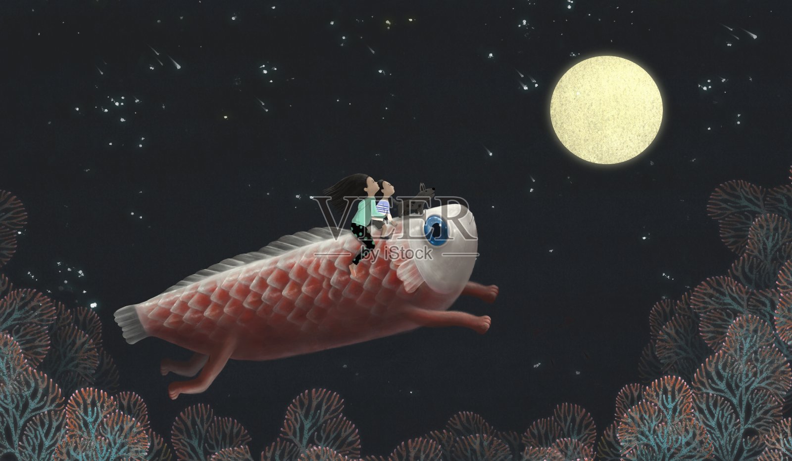 男孩和女孩骑着巨怪鱼到月亮上，幻想绘画插画图片素材