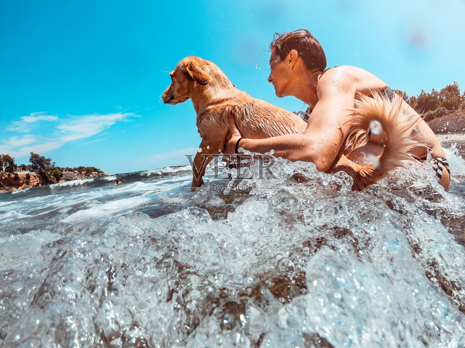 女人和狗在海浪溅照片摄影图片