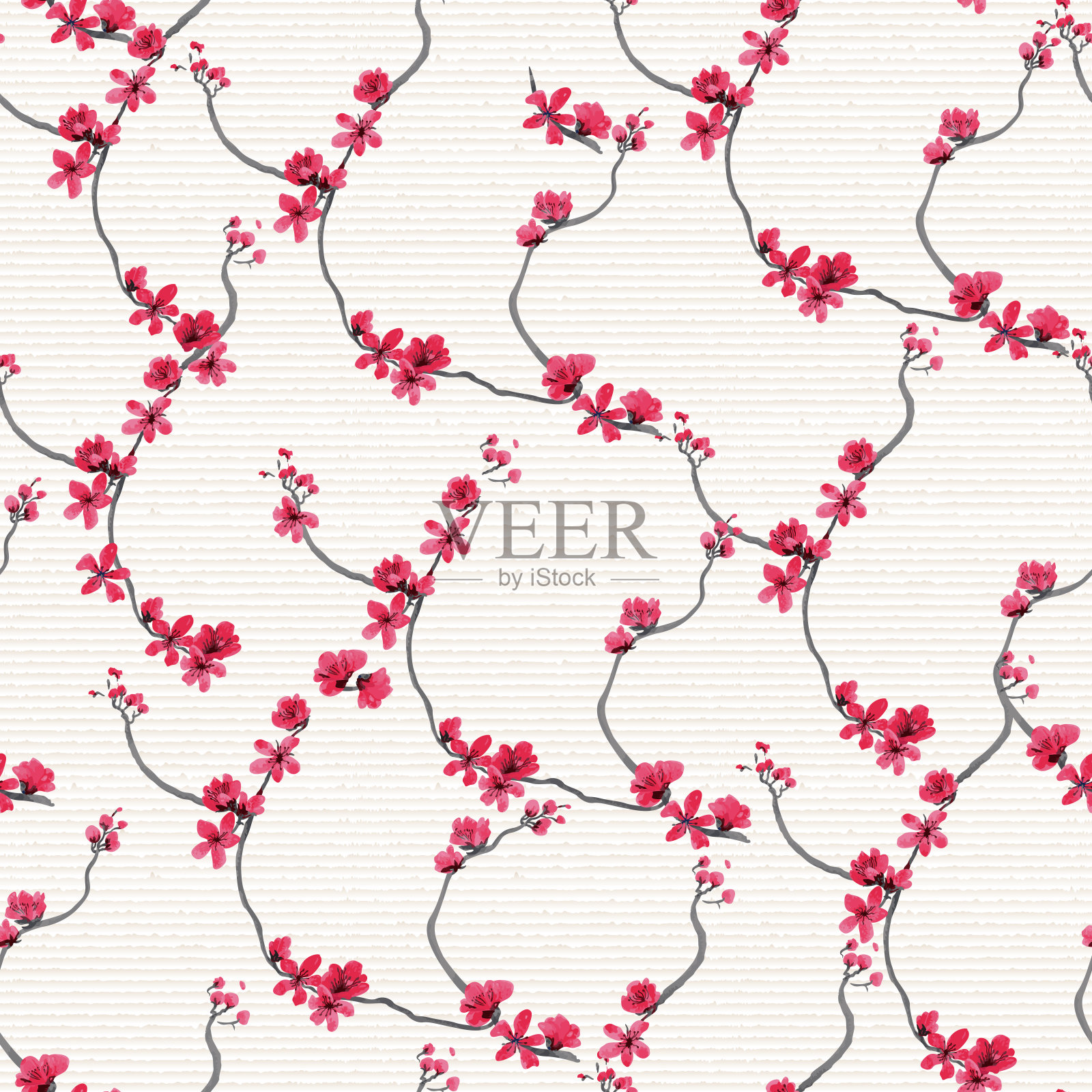矢量无缝图案的粉红色盛开的树枝手绘中国粉梅花在日本民间绘画风格的Sumi-e宣纸上。蜡染、墙纸、真丝印花、东方新年贺卡插画图片素材