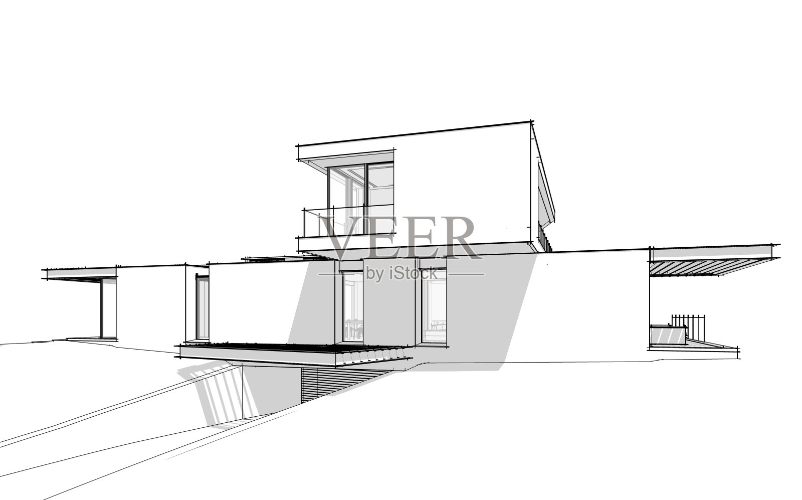 山上现代住宅的3d渲染，白色背景上有水池黑线照片摄影图片
