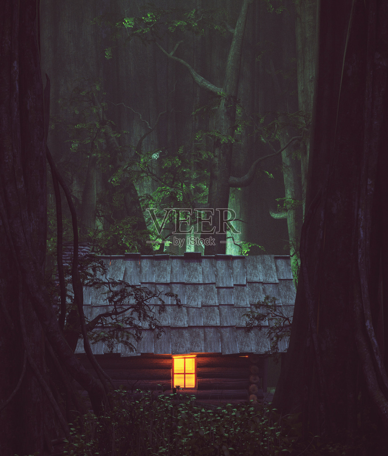 从闹鬼森林的一个老木屋窗户透出的光，3d插图照片摄影图片