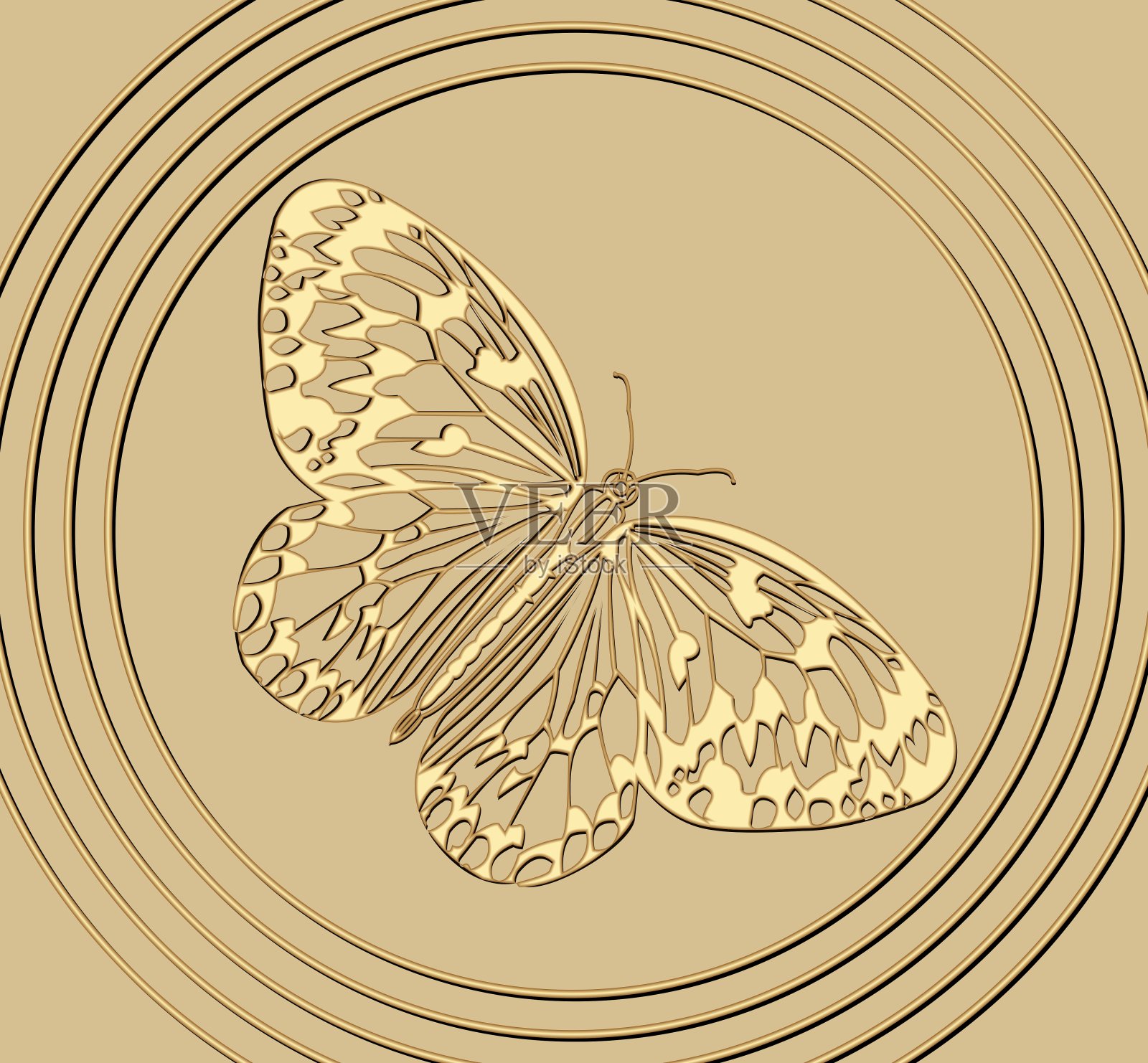 蝴蝶圆形，金色浮雕设计元素，黄金浮雕与3d效果的浅金色背景插画图片素材