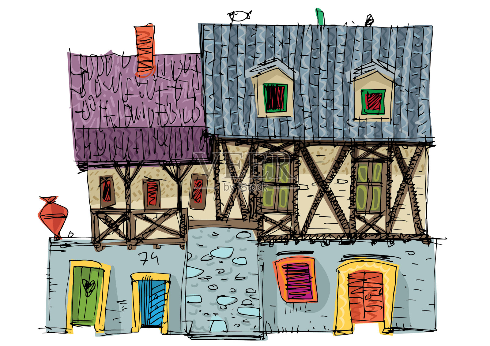 中世纪的半木质房屋插画图片素材