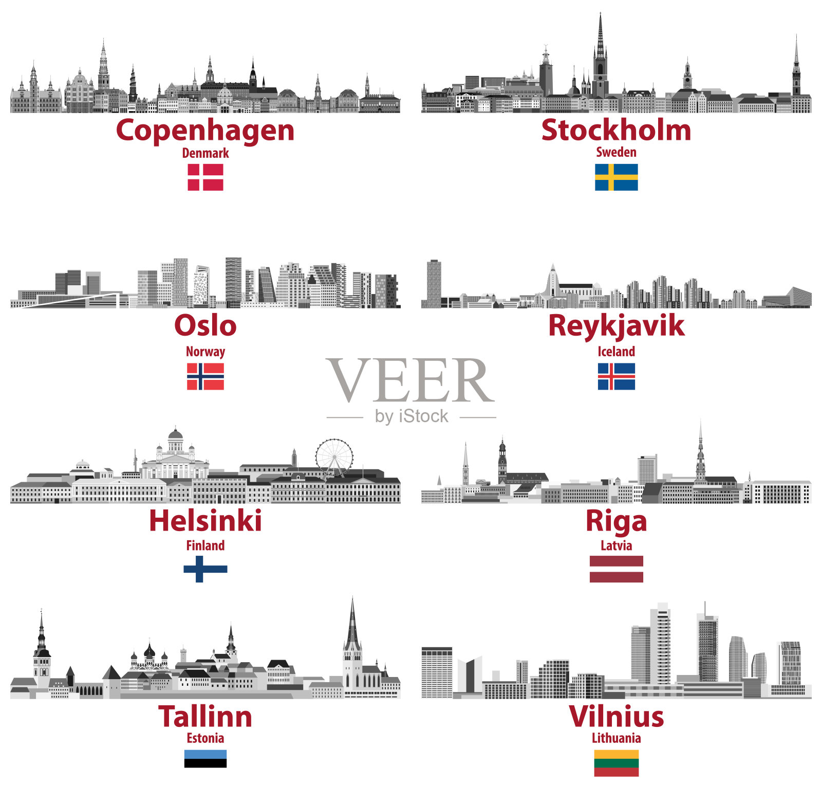 波罗的海和斯堪的纳维亚国家的城市天际线矢量集:哥本哈根，斯德哥尔摩，奥斯陆，雷克雅未克，赫尔辛基，里加，塔林，维尔纽斯。插画图片素材