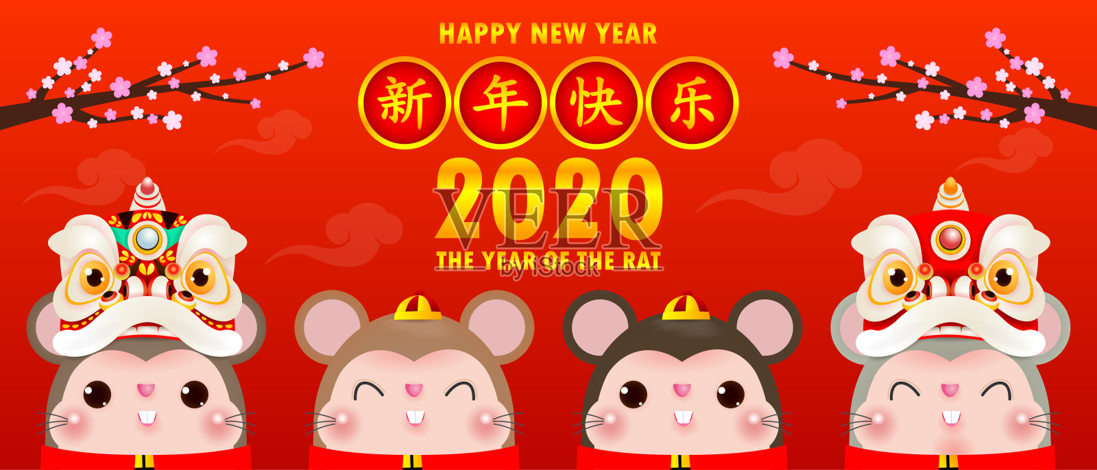 快乐中国2020年生肖海报设计有老鼠、鞭炮和舞狮。鼠年贺卡红色孤立背景，翻译:新年快乐。设计模板素材