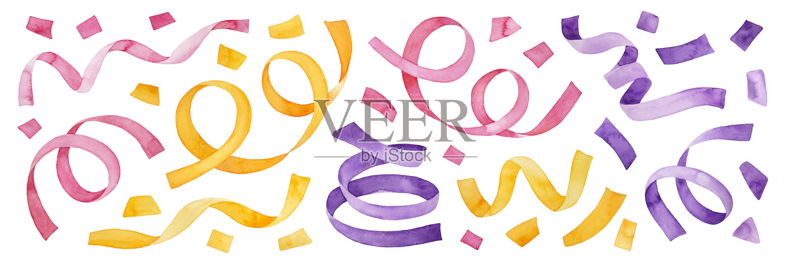 五彩缤纷的五彩纸屑和派对彩带收集。粉红色，紫色，金黄色。手绘水彩画在白色的背景，孤立的剪纸元素设计装饰。插画图片素材