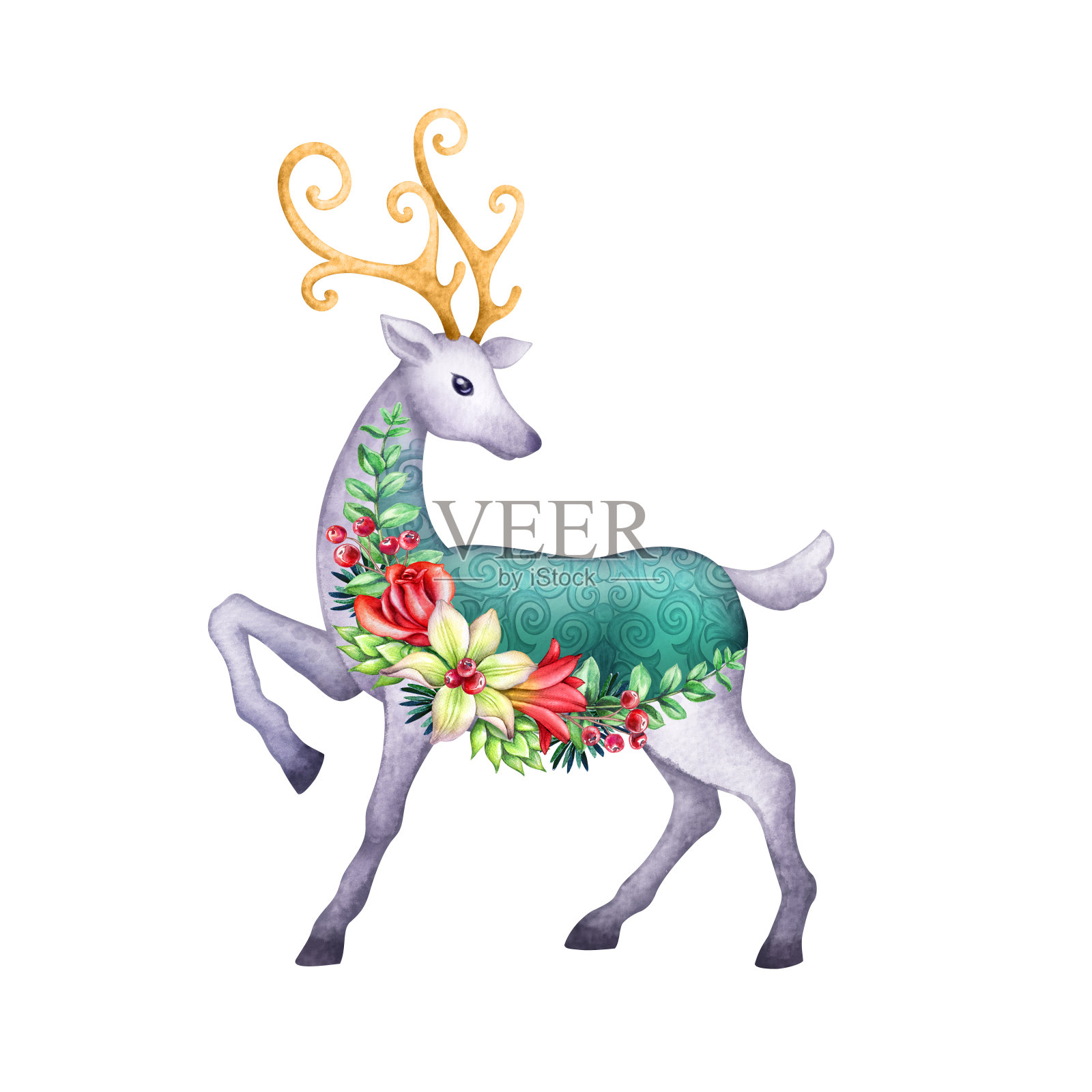 圣诞驯鹿水彩画插图。白花装饰的鹿站着，回头看。剪贴艺术孤立的白色背景。有金角的野生森林动物。设计元素图片
