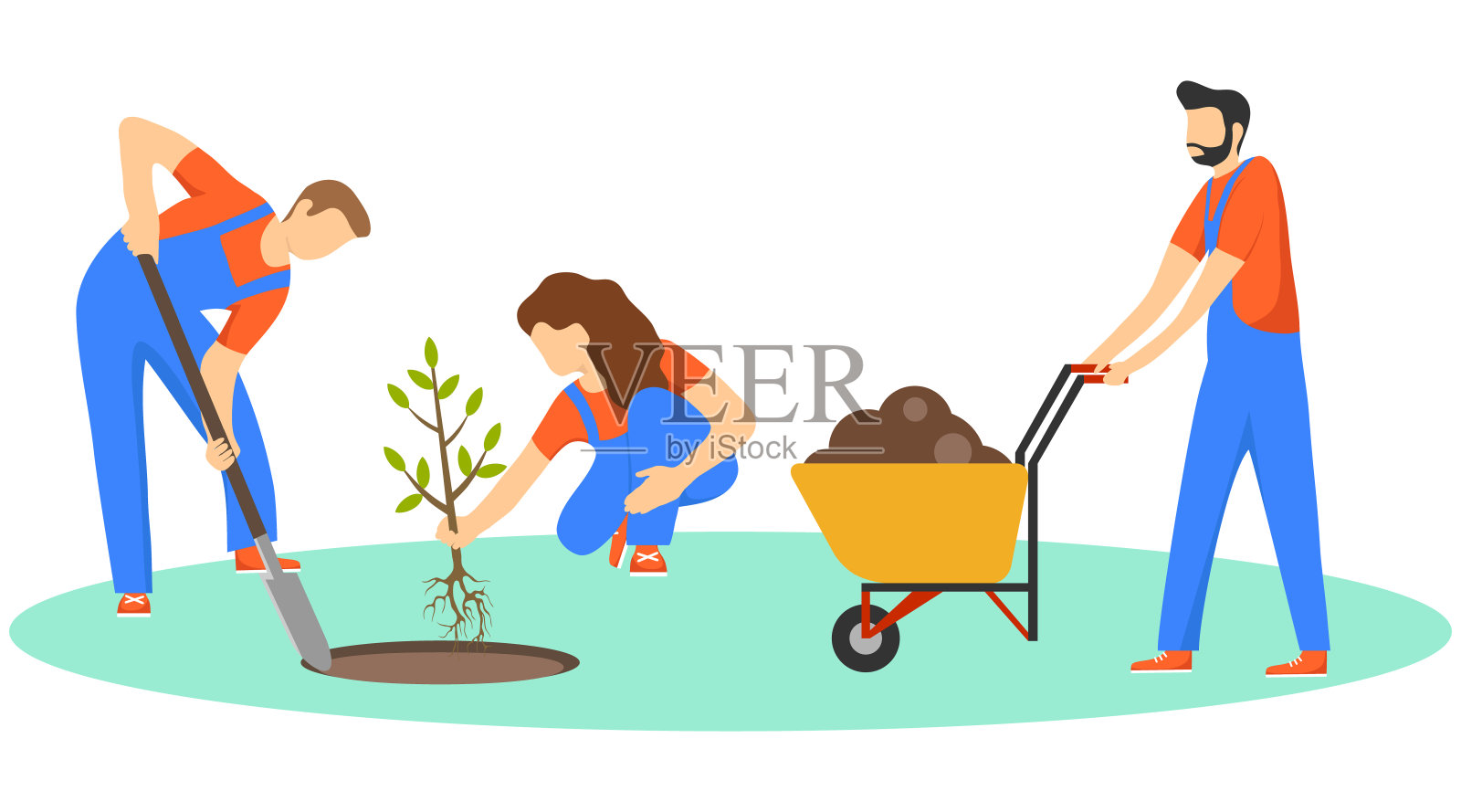 人们植树。生态志愿者种植一棵小树。一群人，男人和女人正在种一棵新树。向量,卡通插图。向量。插画图片素材
