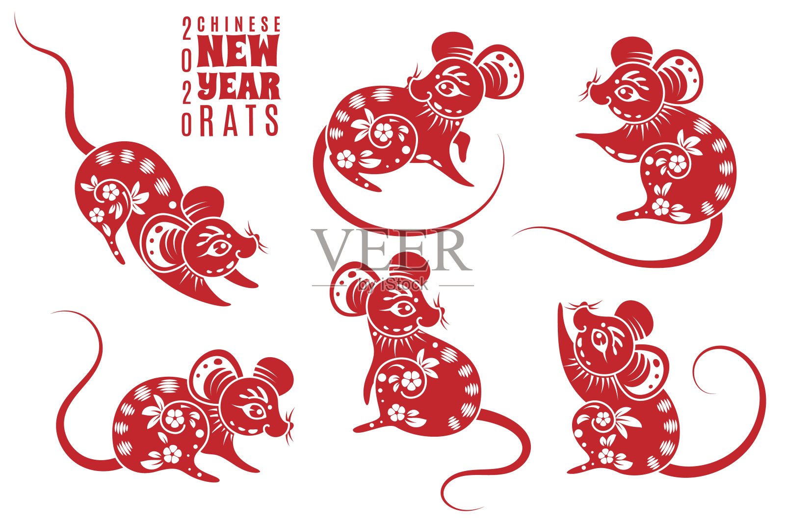 2020年新年老鼠。带有亚洲图案元素的红色老鼠。中国星象节日符号创意黄道带日历矢量集插画图片素材