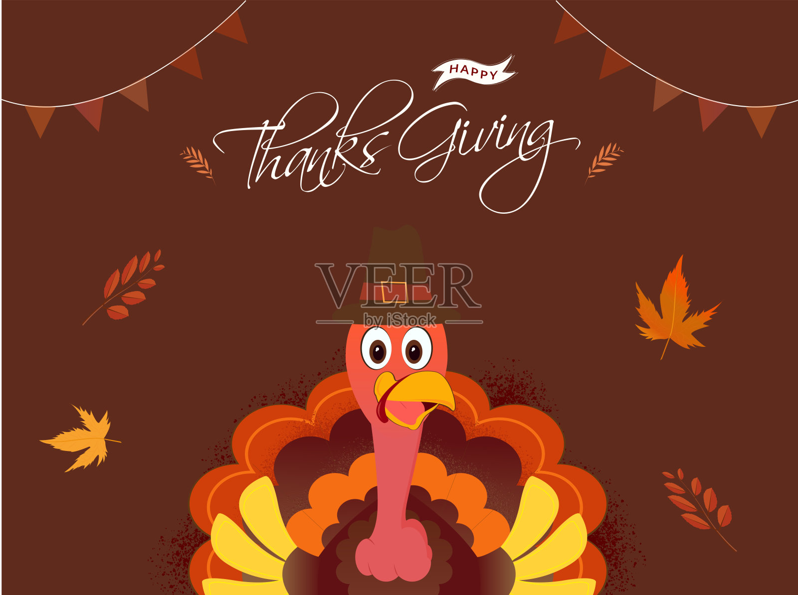 感恩节横幅或海报设计与插图火鸡鸟戴朝圣者的帽子和秋天的树叶装饰在棕色的背景。插画图片素材